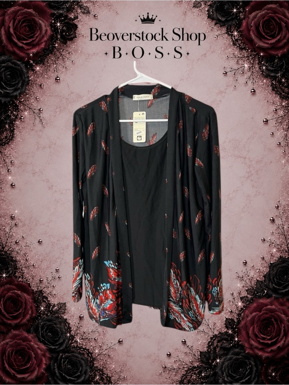 New Jon & Anna Layered Cardigan Tank Top – Black Feather Print – Size Small